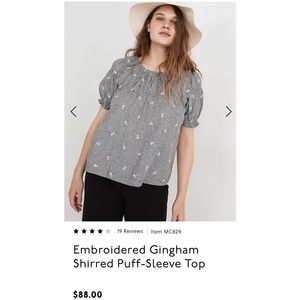 Madewell Embroidered Gingham Shirred Puff-Sleeve Top